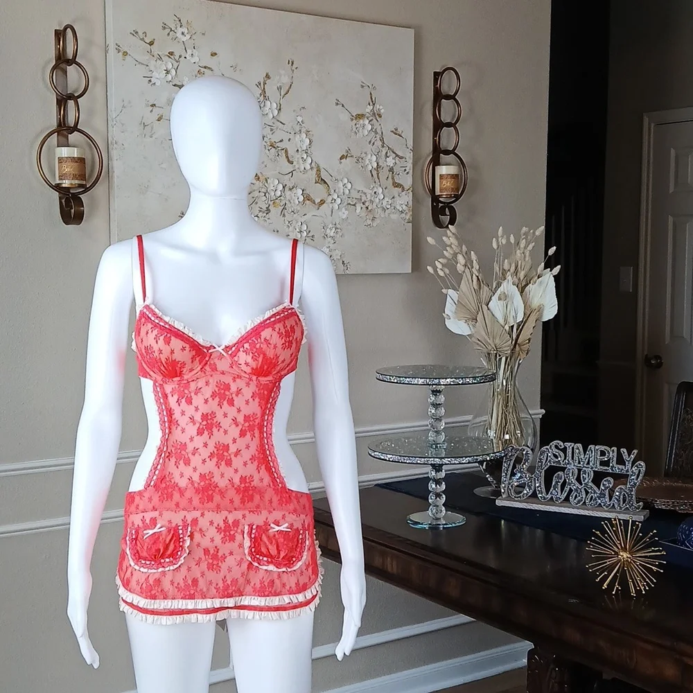 Victoria's Secret Super Sexy Floral Lace Apron Lingerie Mini Dress Size 34B